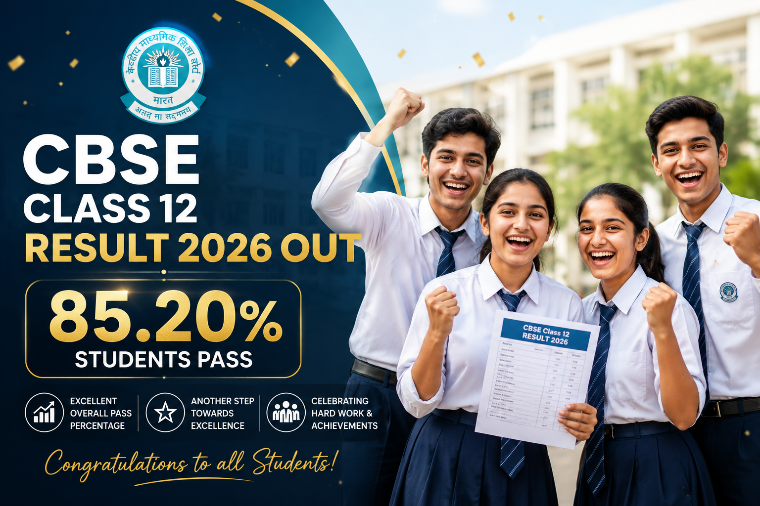 CBSE Class 12 Result 2026 Out – 85.20% Students Pass