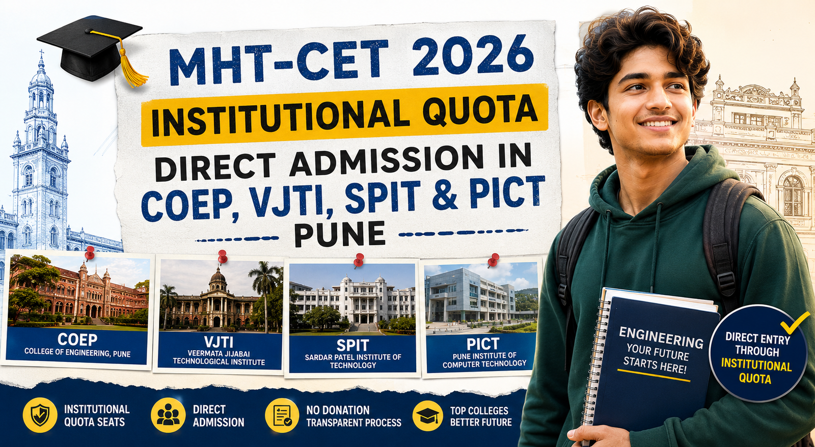 MHT-CET 2026 Institutional Quota: Direct Admission in COEP, VJTI, SPIT & PICT Pune