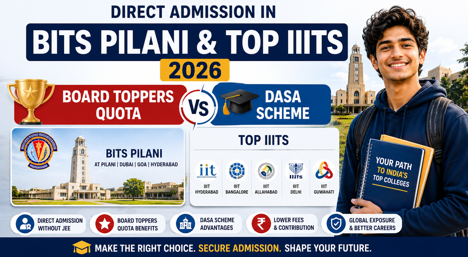 Direct Admission in BITS Pilani & Top IIITs 2026: Board Toppers Quota vs DASA Scheme
