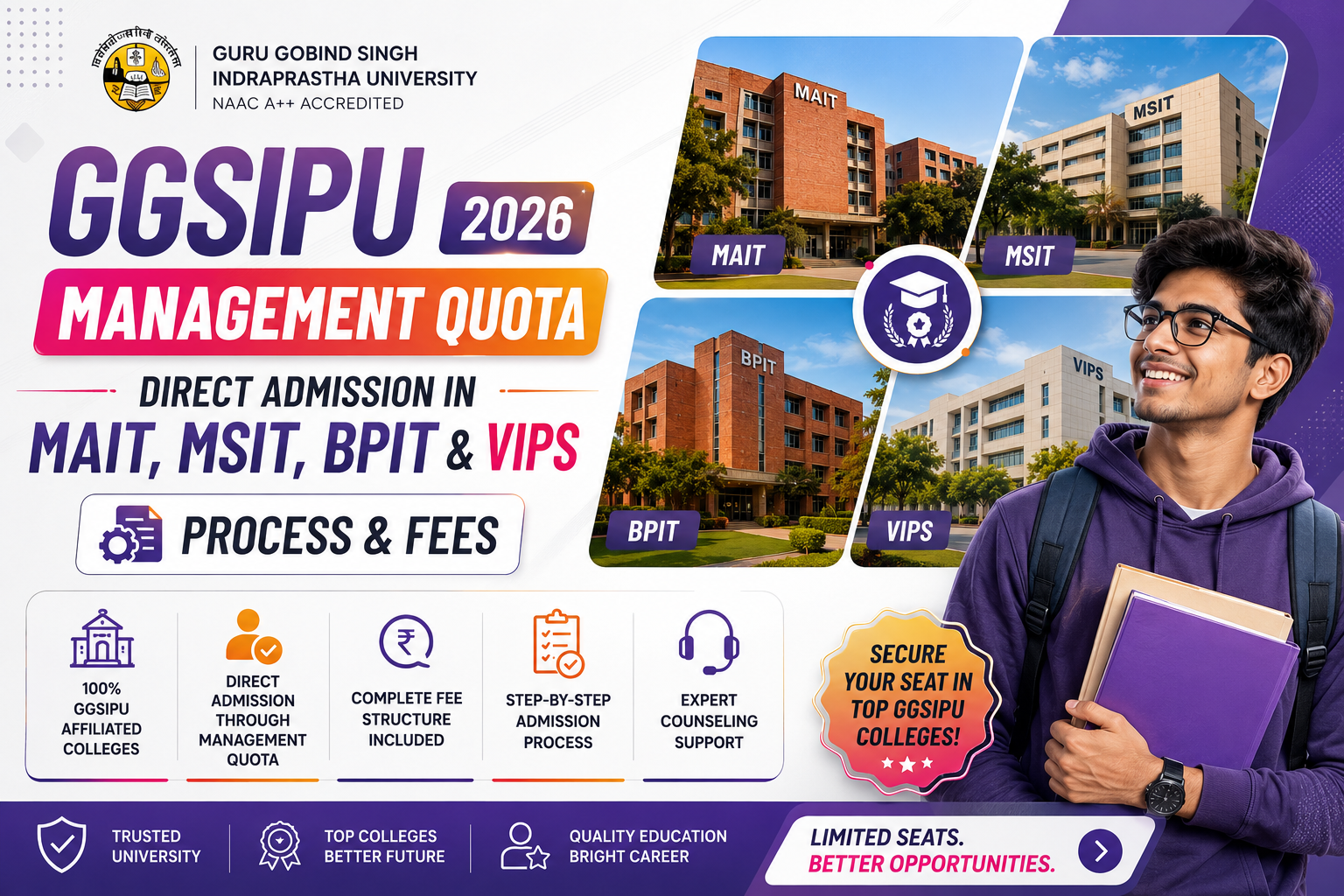 GGSIPU Management Quota 2026: Direct Admission in MAIT, MSIT, BPIT & VIPS (Process & Fees)