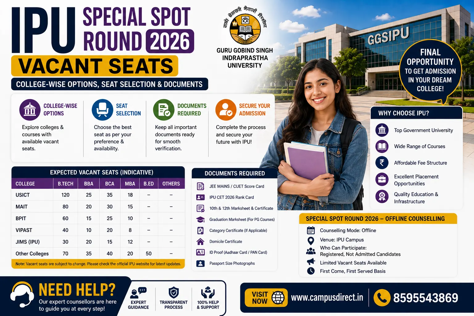 IPU Special Spot Round 2026 Vacant Seats: College-Wise Options, Seat Selection & Documents